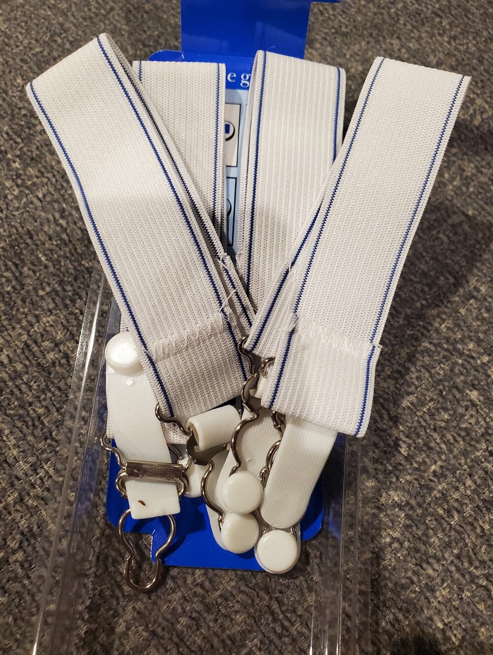 White Elastic Suspender Straps with Blue Edge Trim